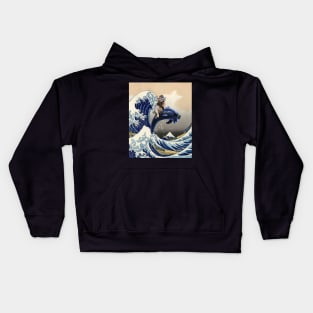 Golden Retriever Dog Riding Dolphin Great Wave Off Kanagawa Kids Hoodie